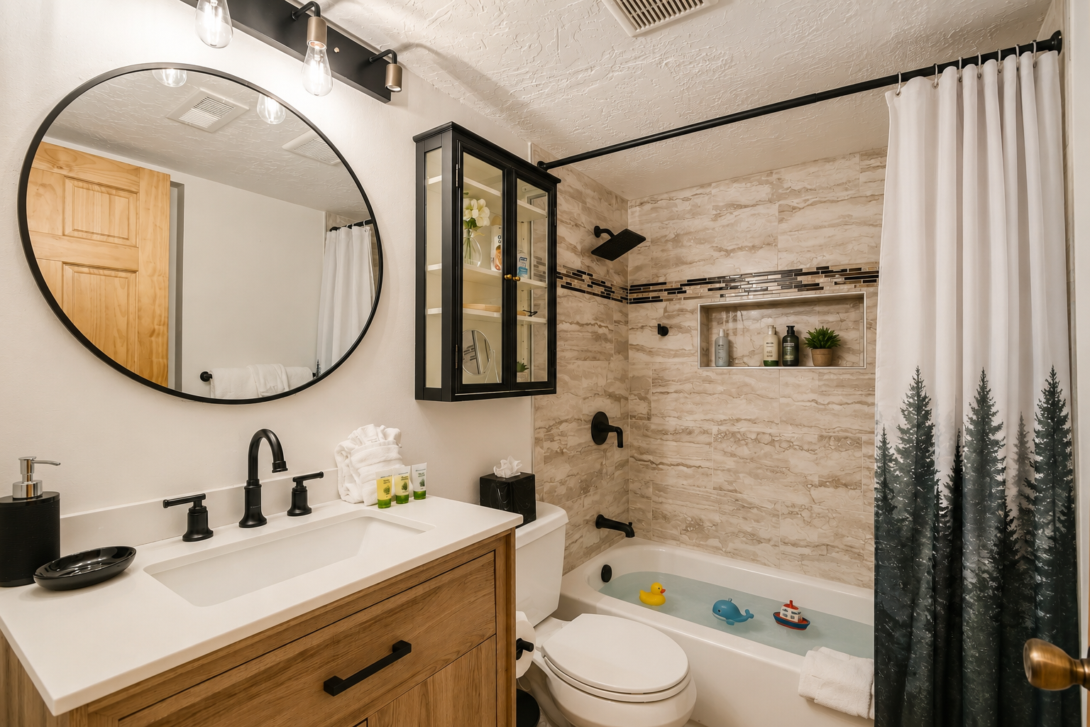 Your private bathroom combines modern style with warm wood tones, featuring a spacious tub-shower combo and thoughtful built-in storage niche for your essentials.