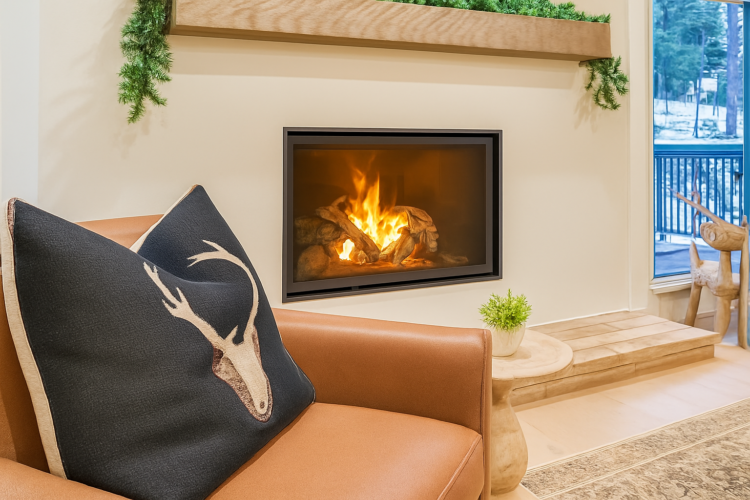 Cozy up by the warm fireplace in your comfortable seating area, where crackling flames create the perfect ambiance for relaxing evenings together.