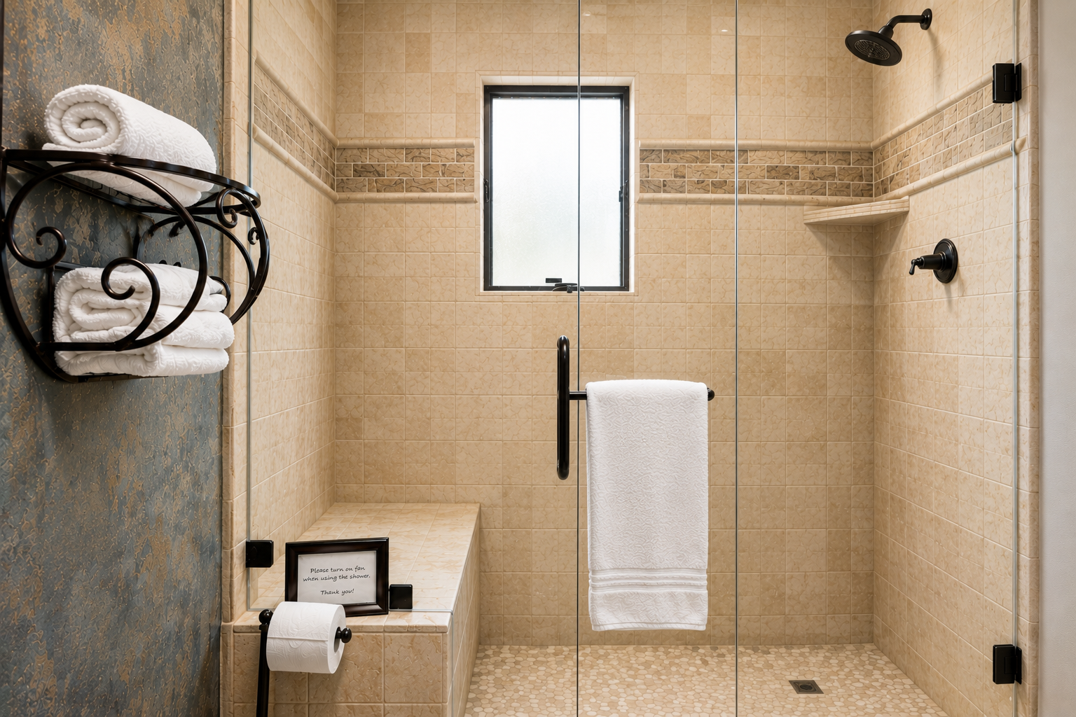 Step into your private spa-like retreat with a spacious walk-in shower featuring elegant tile work, modern fixtures, and plush towels waiting for you.