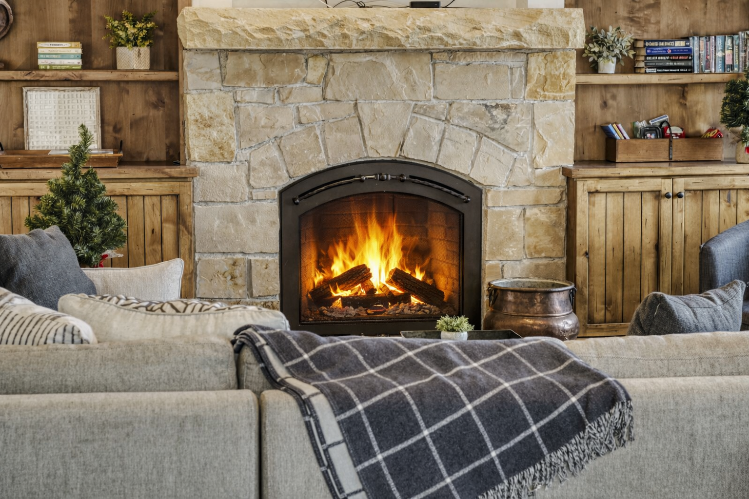 Cozy up by your crackling stone fireplace with soft throws and warm lighting—perfect for unwinding after mountain adventures.