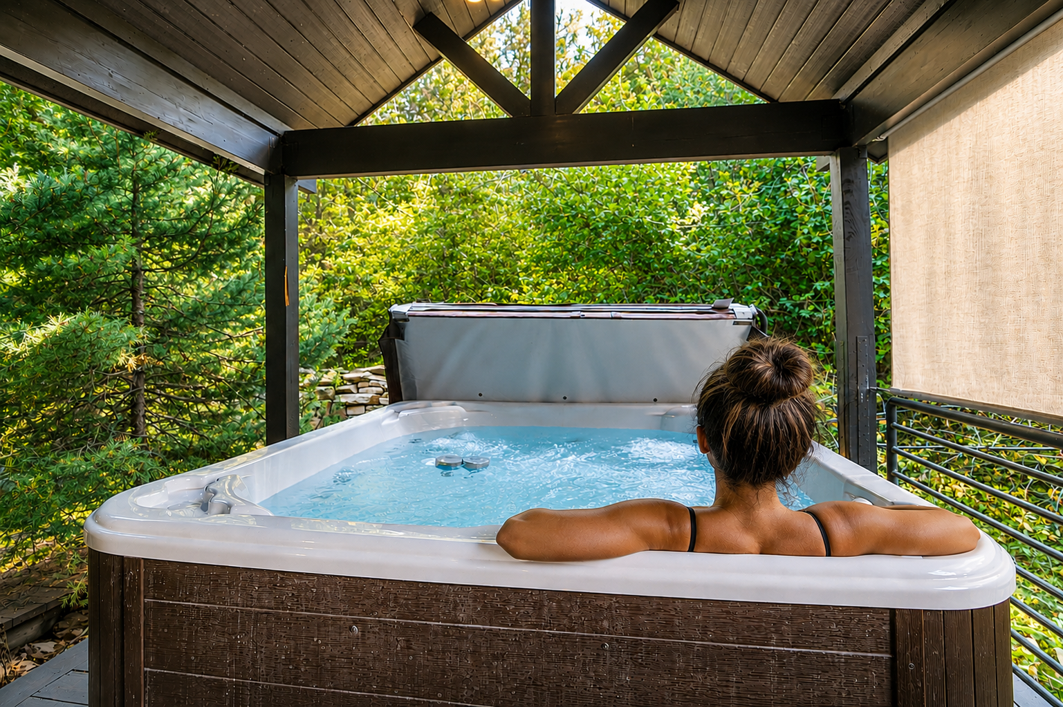 Picture yourself soaking in this private hot tub, surrounded by lush greenery and the peaceful sounds of nature—your perfect escape awaits.