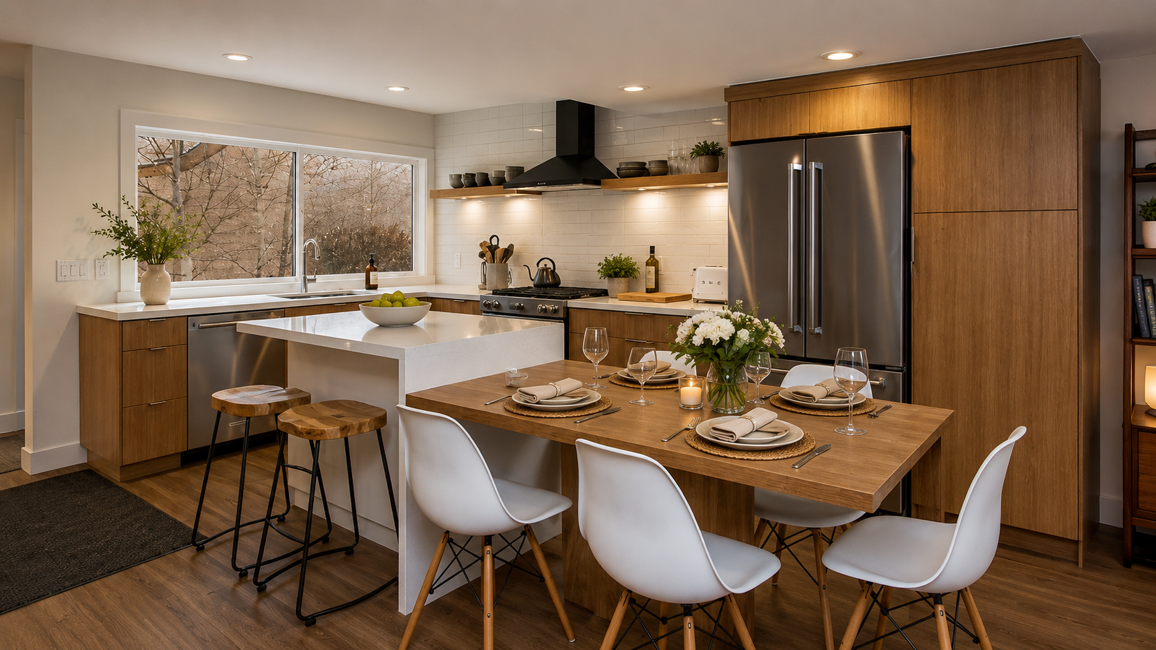 Picture yourself preparing meals in this fully equipped kitchen with modern appliances and gathering around the warm wood dining table for memorable dinners together.