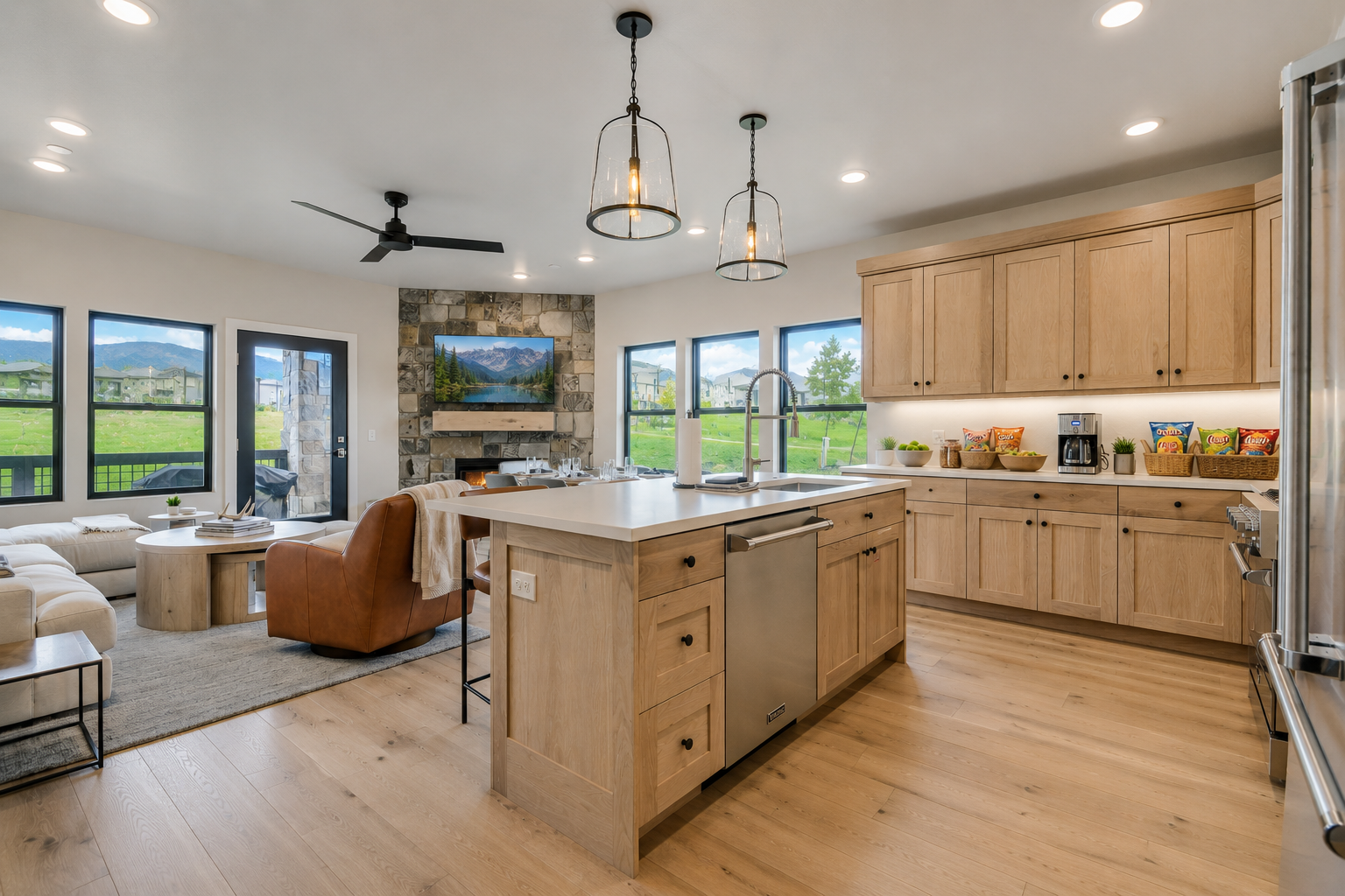 Picture yourself prepping meals in this bright modern kitchen with stunning mountain views, gleaming countertops, and an inviting island where mornings start with coffee and conversation.