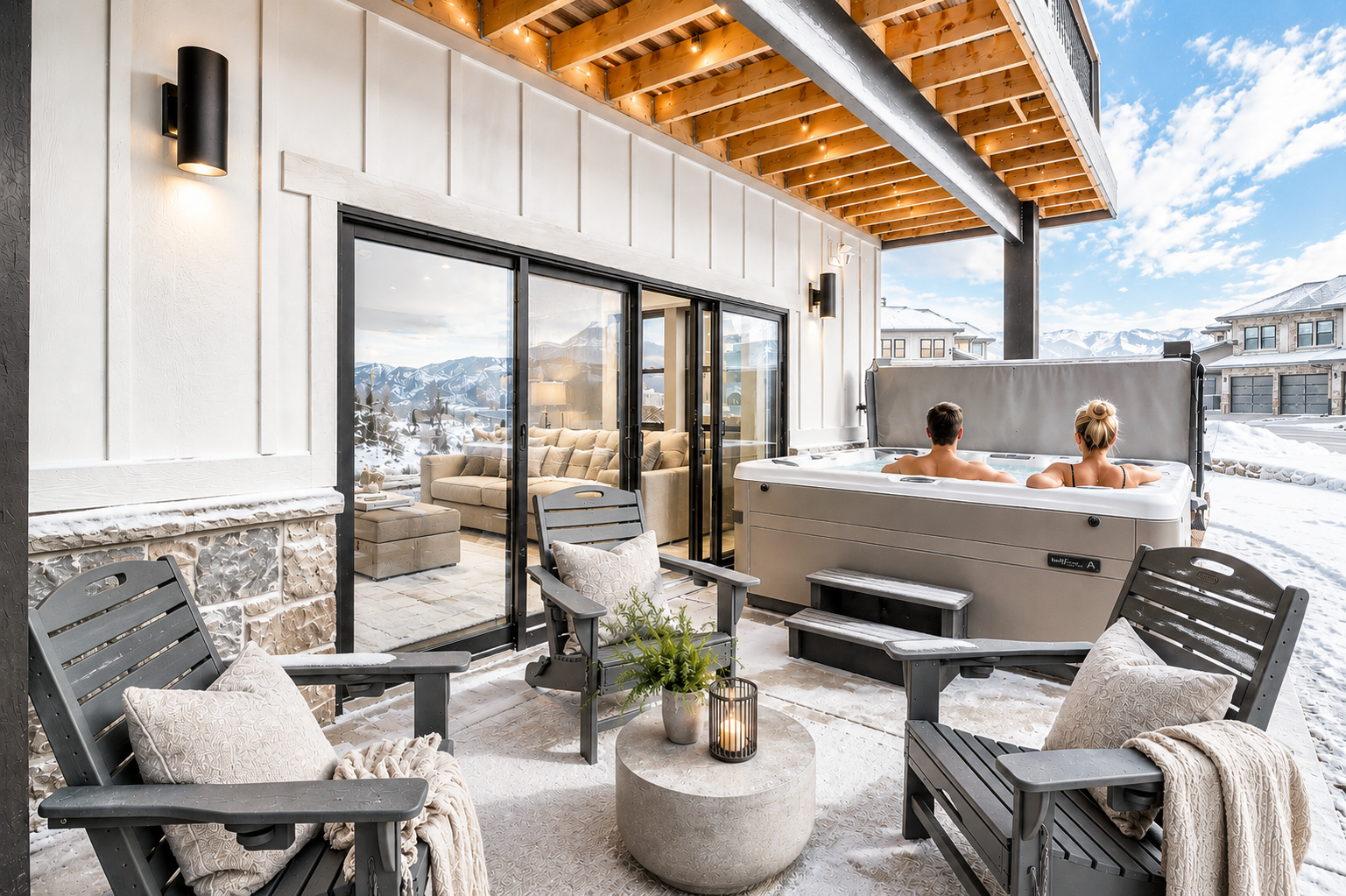 Soak in stunning mountain views from your private hot tub on the patio, where modern comfort meets alpine beauty. Cozy seating and warm ambiance invite you to unwind after a day of adventure.