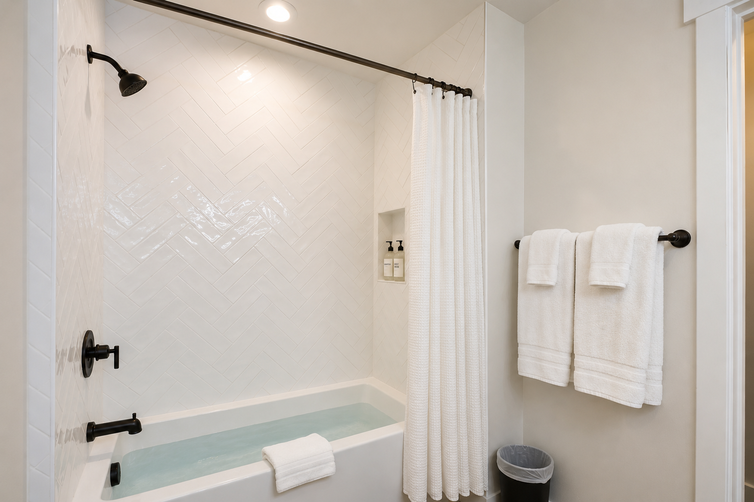 Slip into your own sanctuary. Luxurious herringbone tile, fresh towels, and a soaking tub await—your perfect escape for unwinding after a day of adventure.