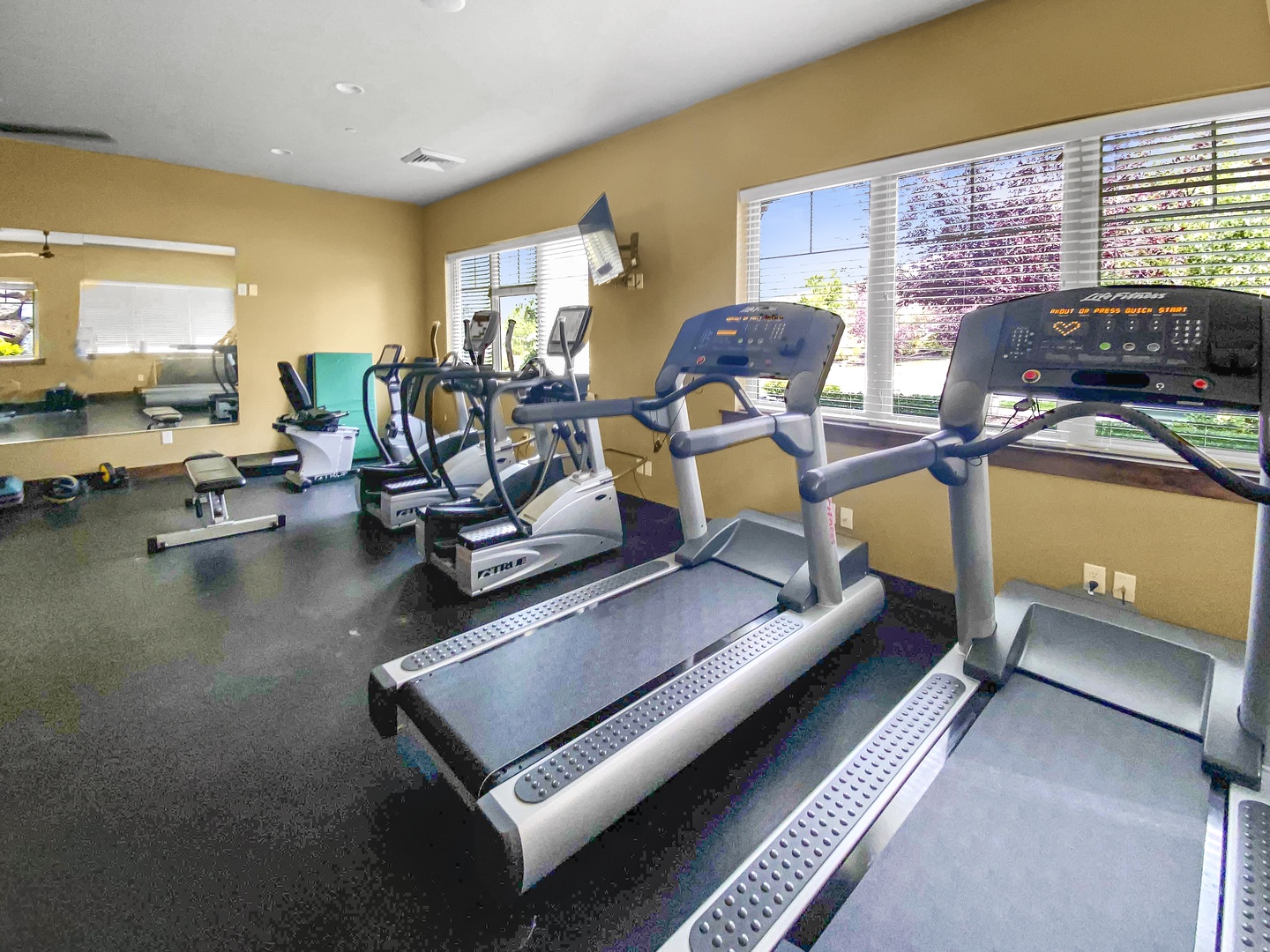 Fitness Center-Stay active on your getaway with a well-equipped fitness center featuring cardio machines and weights, all bathed in natural light from sunny windows.