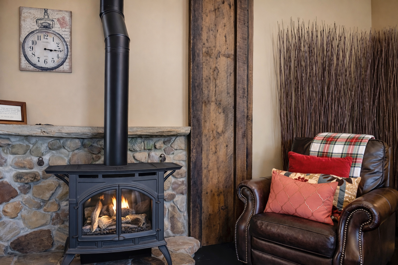 Cozy up in your leather armchair beside the crackling fireplace, where rustic stone walls and warm wood beams create your perfect retreat.
