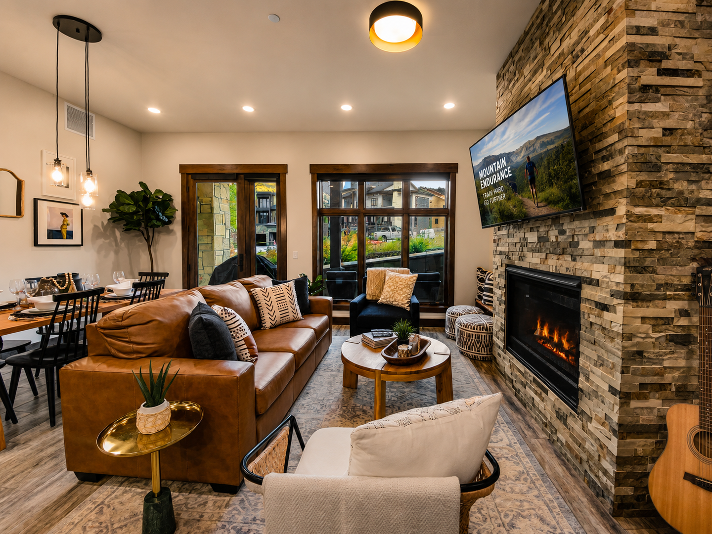 Sink into plush leather sofas beside a glowing fireplace, where mountain views on the screen and warm lighting invite you to unwind in modern comfort.