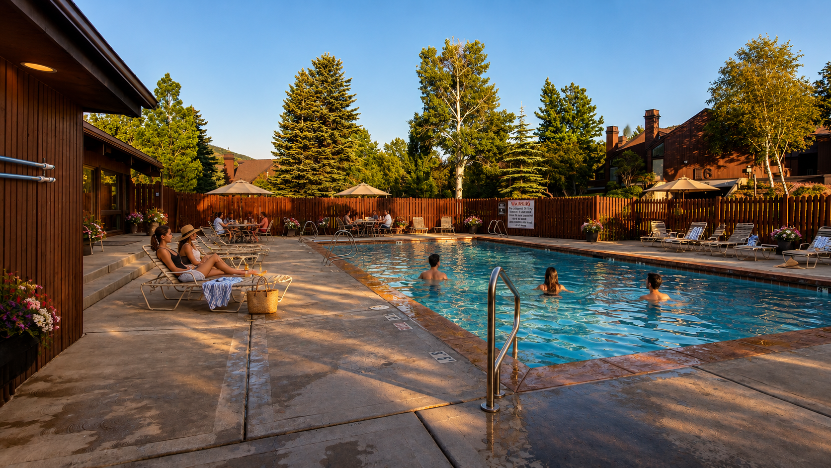 Sparkling outdoor pool surrounded by tall evergreens and mountain views. Lounge poolside, soak in the sunshine, and enjoy the tranquil alpine setting at golden hour.