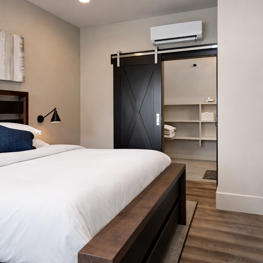 Stylish suite for your escape! Enjoy a king bed, modern design, and a barn door closet in this sleek mountain getaway.