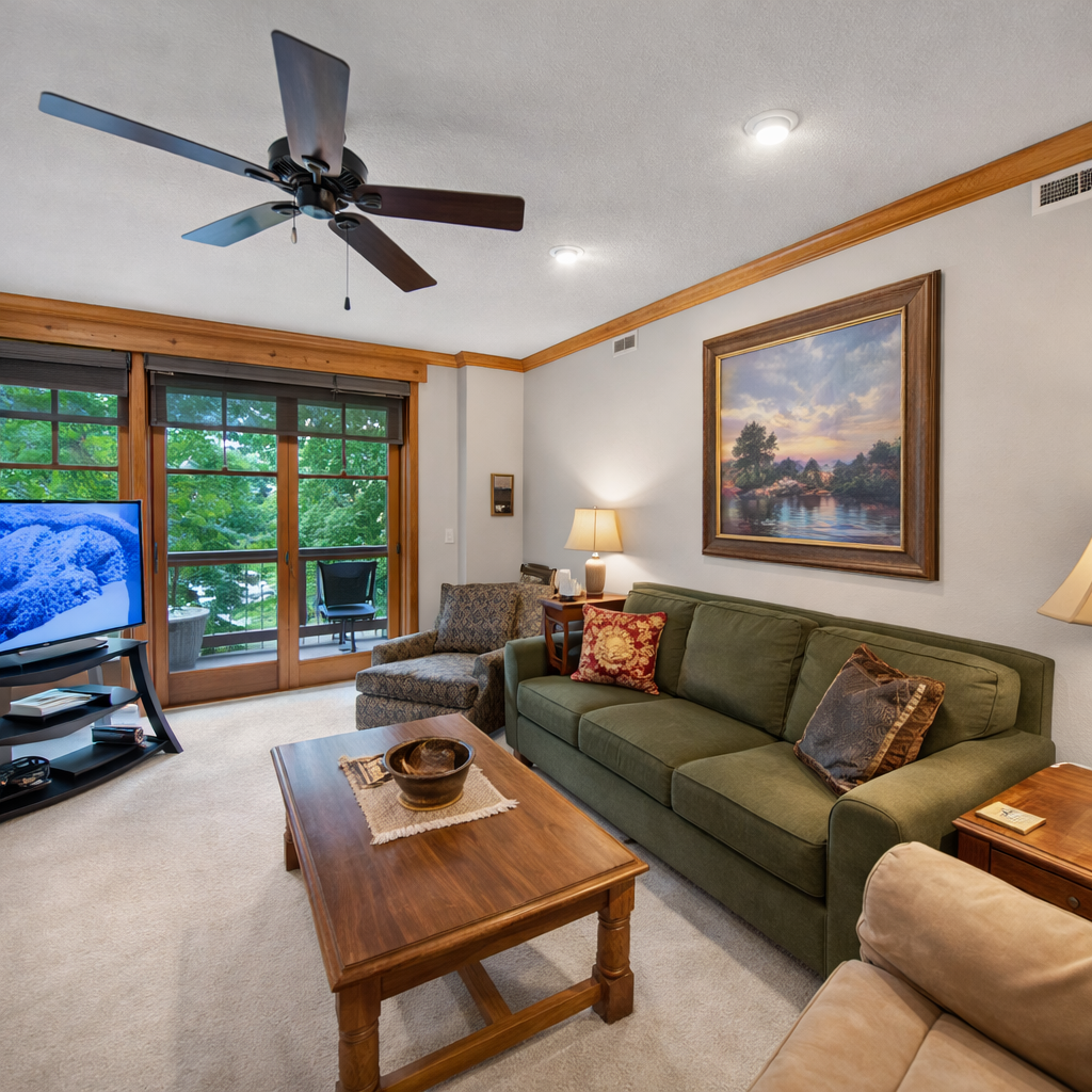 Inviting living space with a cozy sofa, ceiling fan, and large windows. Relax, watch TV, and enjoy the natural light in this comfortable mountain getaway.