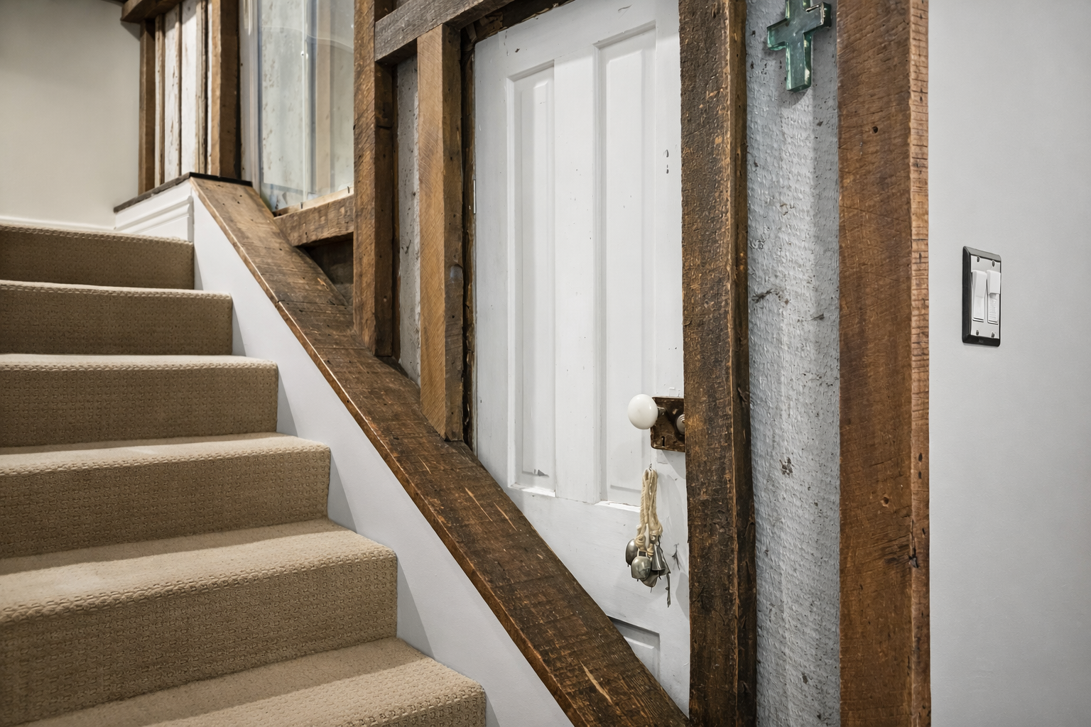 Charming rustic details meet modern comfort as you climb these carpeted stairs, surrounded by authentic exposed beams and character-filled features.
