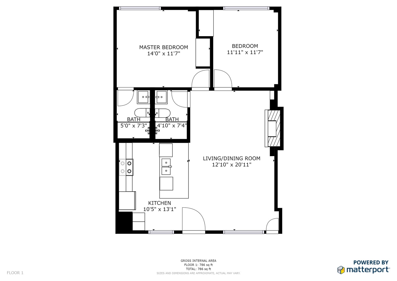 Review this detailed floor plan showing two bedrooms, two baths, full kitchen, and spacious living area for your stay.
