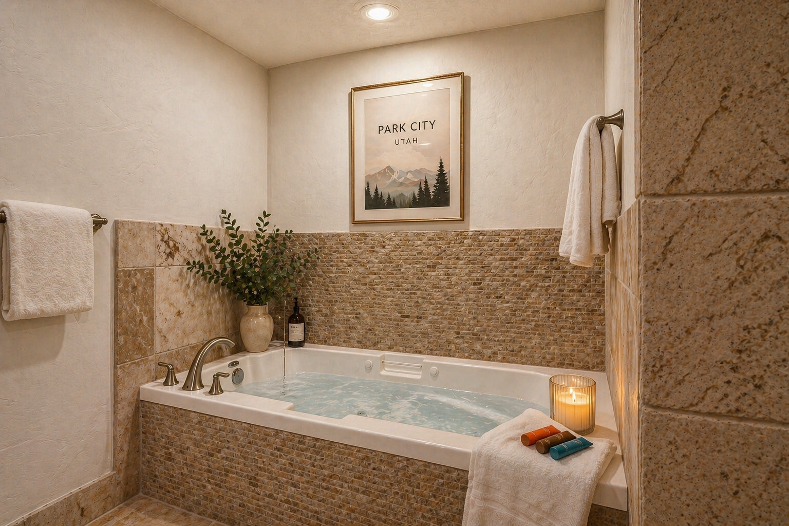 Slip into your private soaking tub after a day of adventure. The warm tones and soft lighting create a serene spa-like retreat where you can truly unwind.