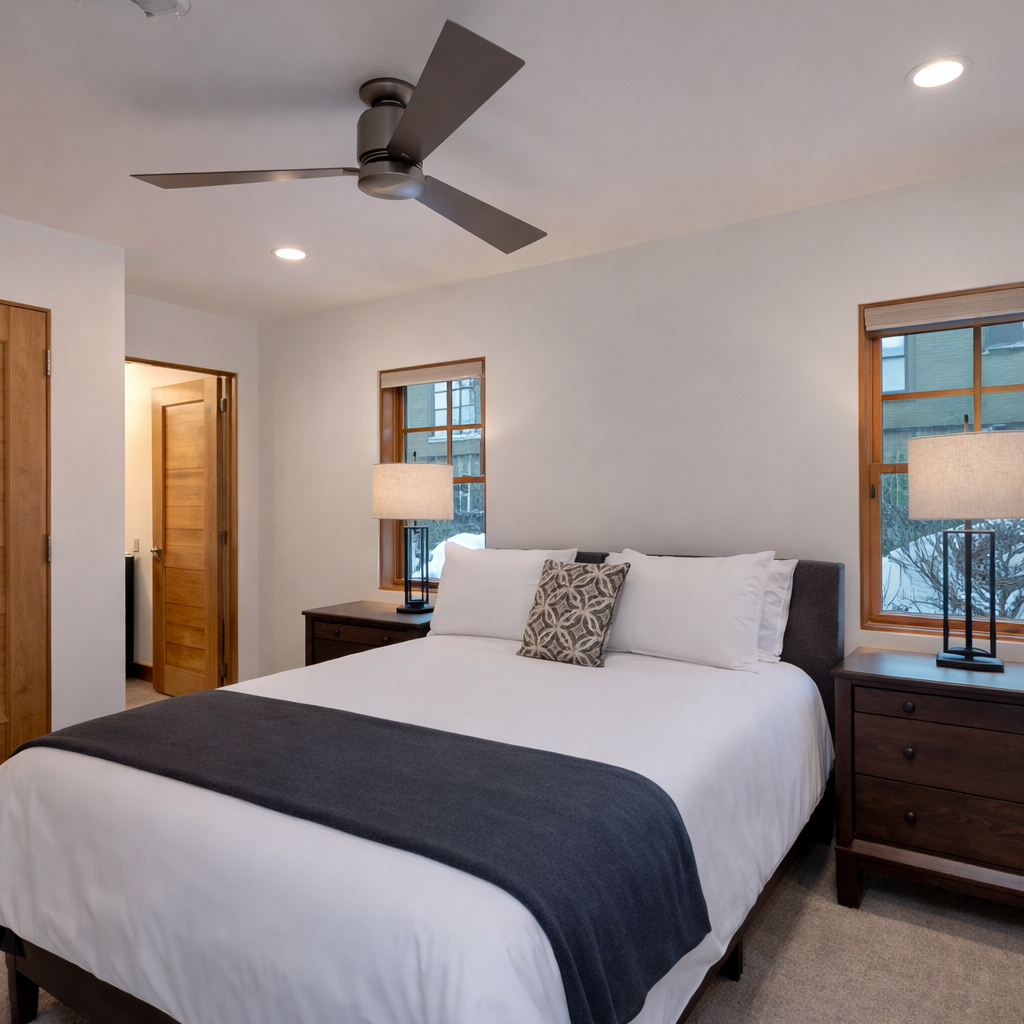 Retire to the third floor queen bedroom with a comfortable bed, ceiling fan, and large windows offering scenic snowy views. A cozy and quiet retreat awaits you.
