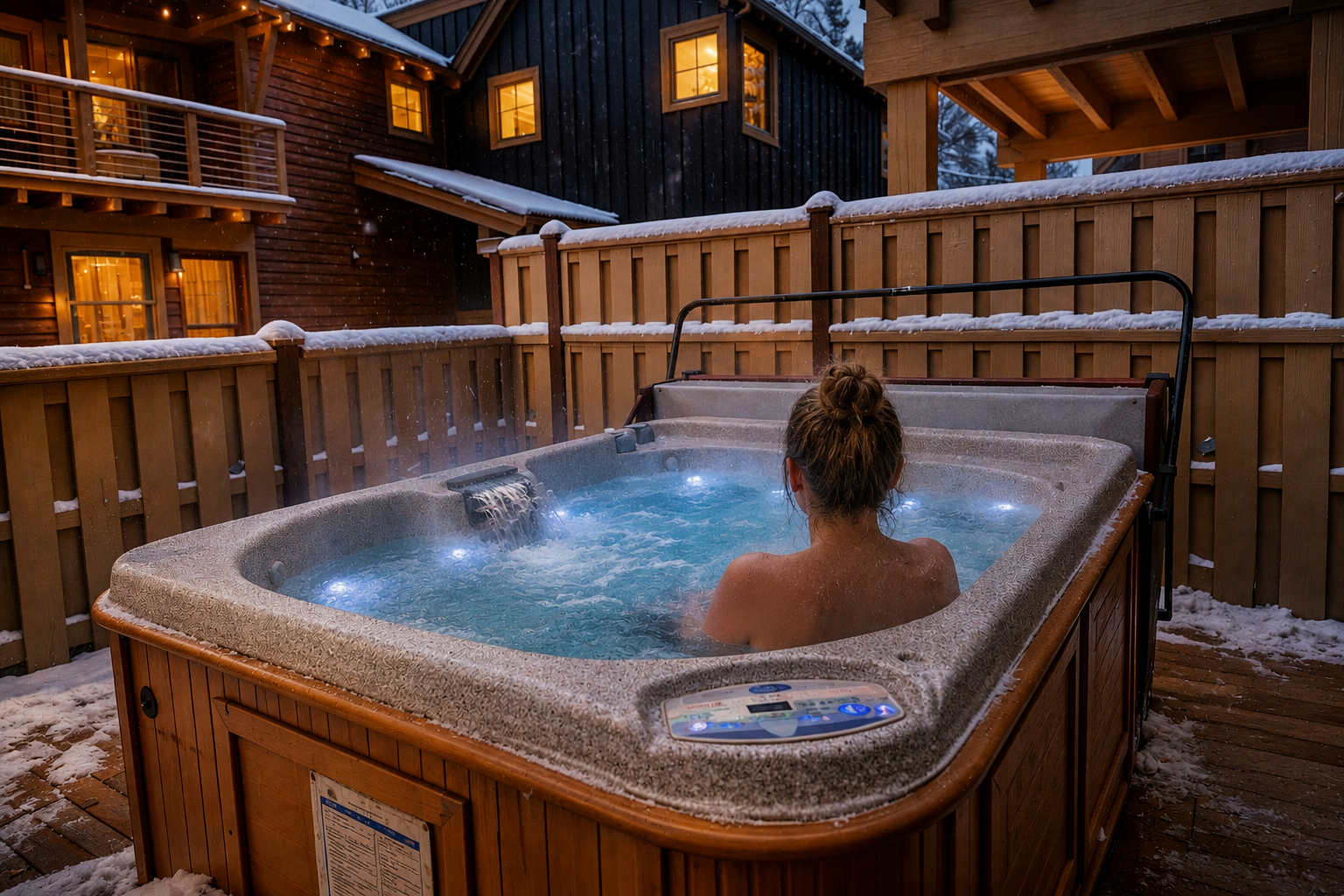 Slip into your private hot tub under a starlit winter sky, letting warm bubbling water melt away the day's adventures while fresh mountain air invigorates your senses.