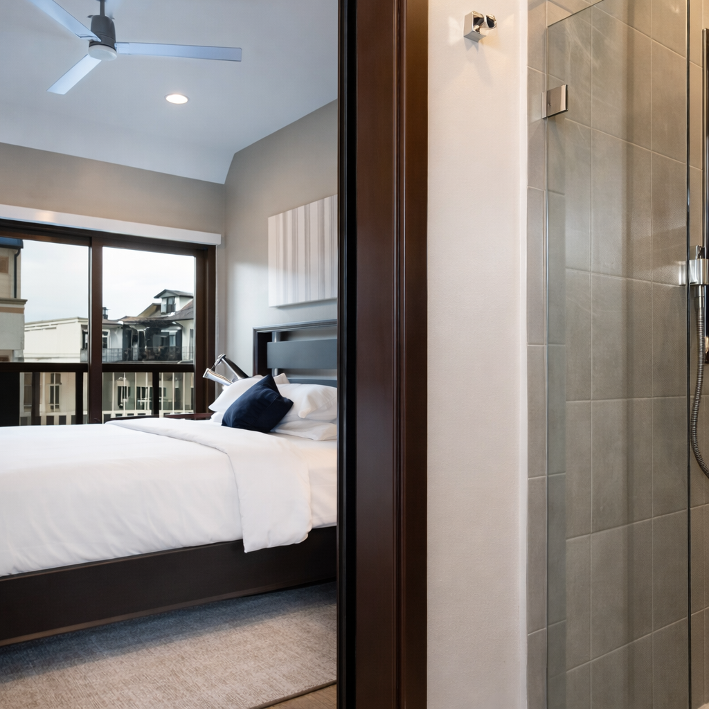 Your modern suite features a luxurious walk-in shower with sleek glass doors, perfectly complementing the comfortable bedroom space beyond.