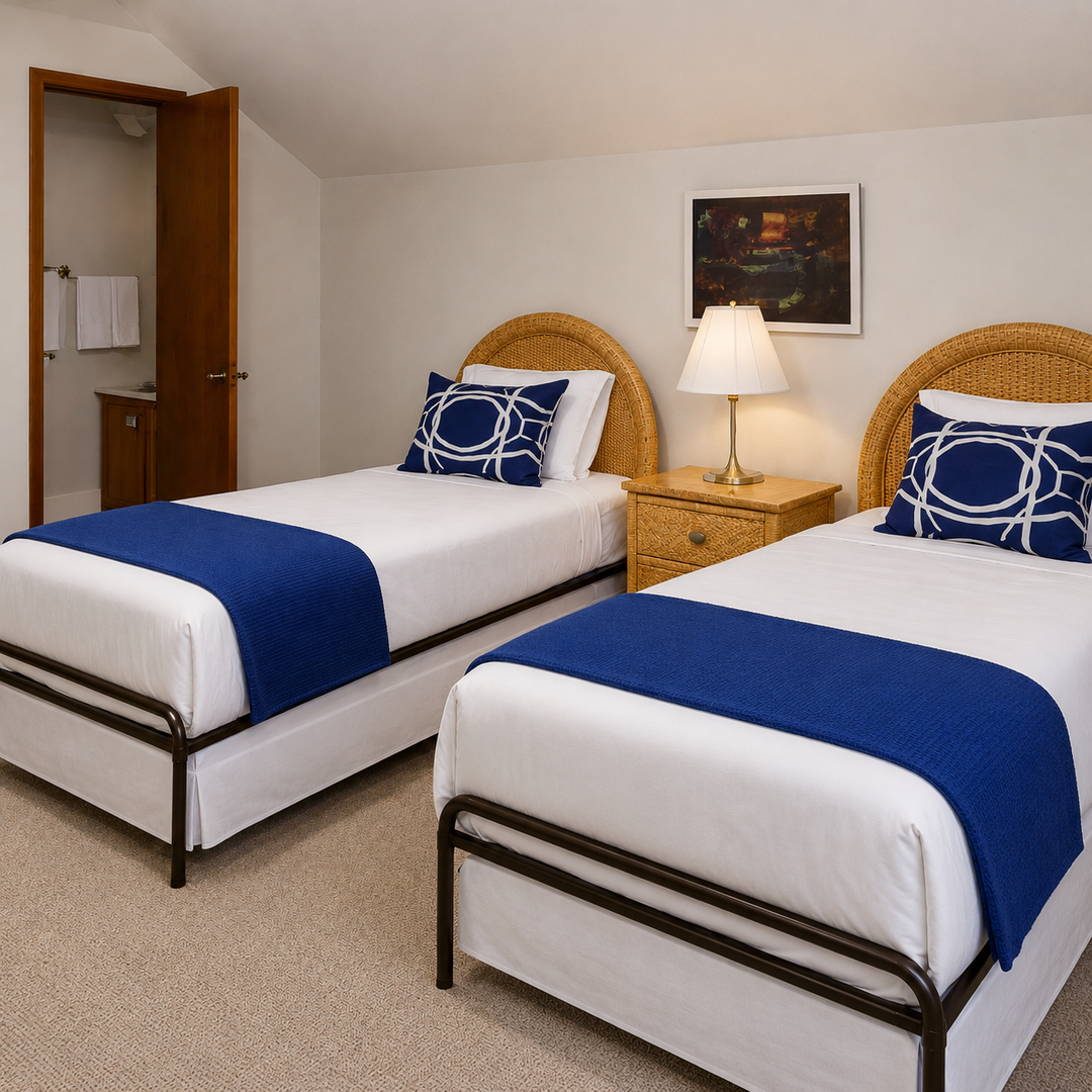 Two cozy twin beds dressed in crisp linens and nautical accents invite restful nights in this bright guest bedroom, complete with warm lighting and a peek into your en-suite bath.