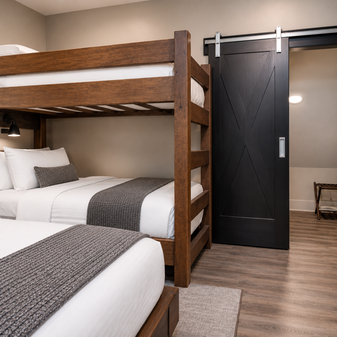 Your family will love this thoughtfully designed bedroom with sturdy bunk beds and stylish barn door privacy.