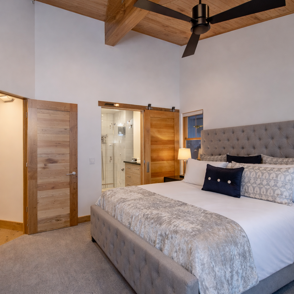 Retire to the quiet second floor king bedroom. Features a comfortable king bed, vaulted wood ceiling, and access to an ensuite bathroom via a stylish barn door. The perfect escape after a busy day.