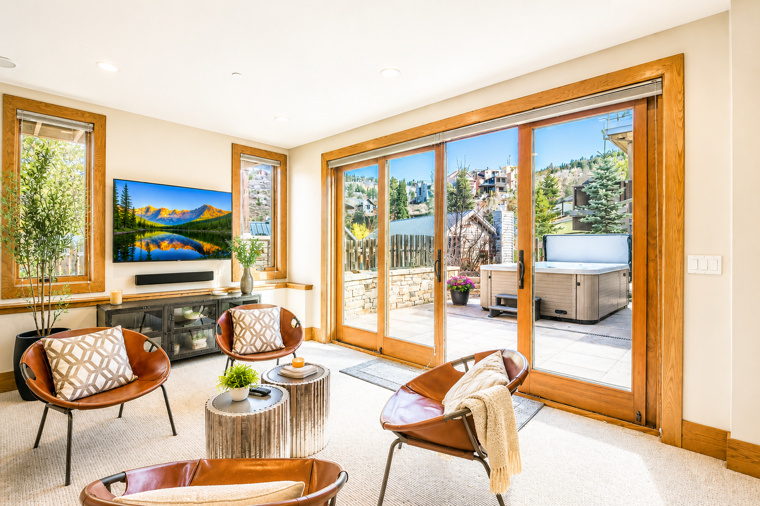 Picture yourself unwinding in this sunlit lounge with stylish seating and a mountain view—just steps from your private hot tub on the deck outside.