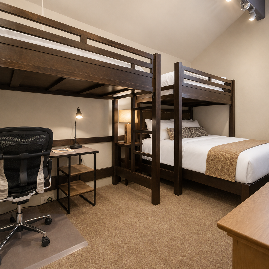 Your stylish room features cozy bunk beds with crisp linens, a dedicated workspace with desk and chair, and warm lighting that creates the perfect retreat after a day of exploring.