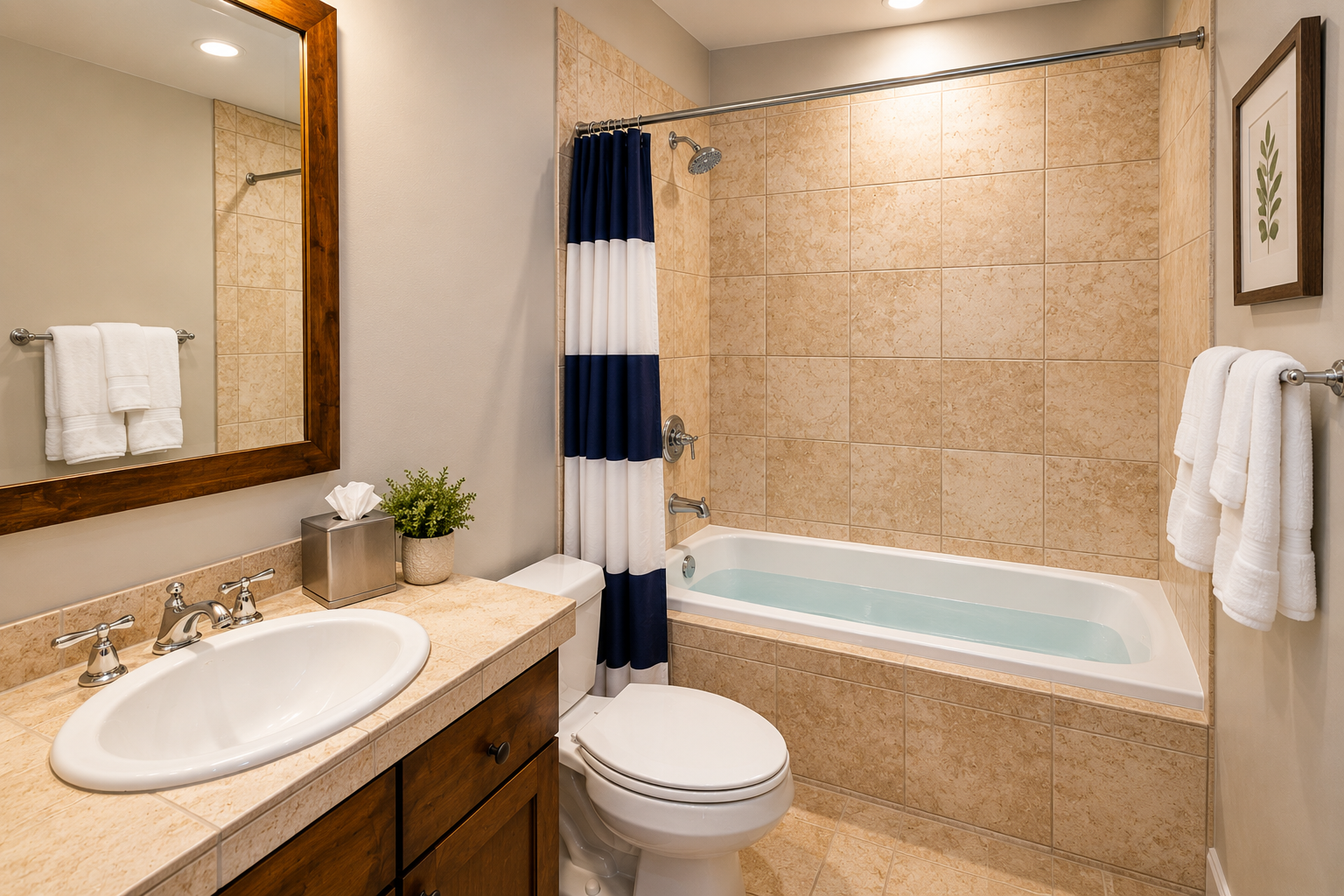 Your private bathroom features a relaxing tub-shower combo with fresh towels and neutral tones for unwinding after your adventures.