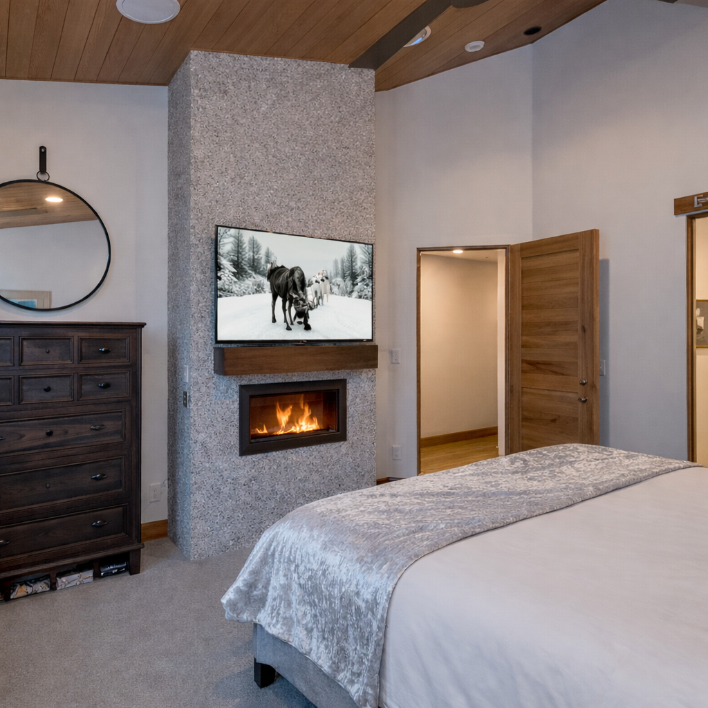 Retire to the quiet second floor king bedroom. Features a comfortable king bed, cozy stone fireplace, and a large TV.