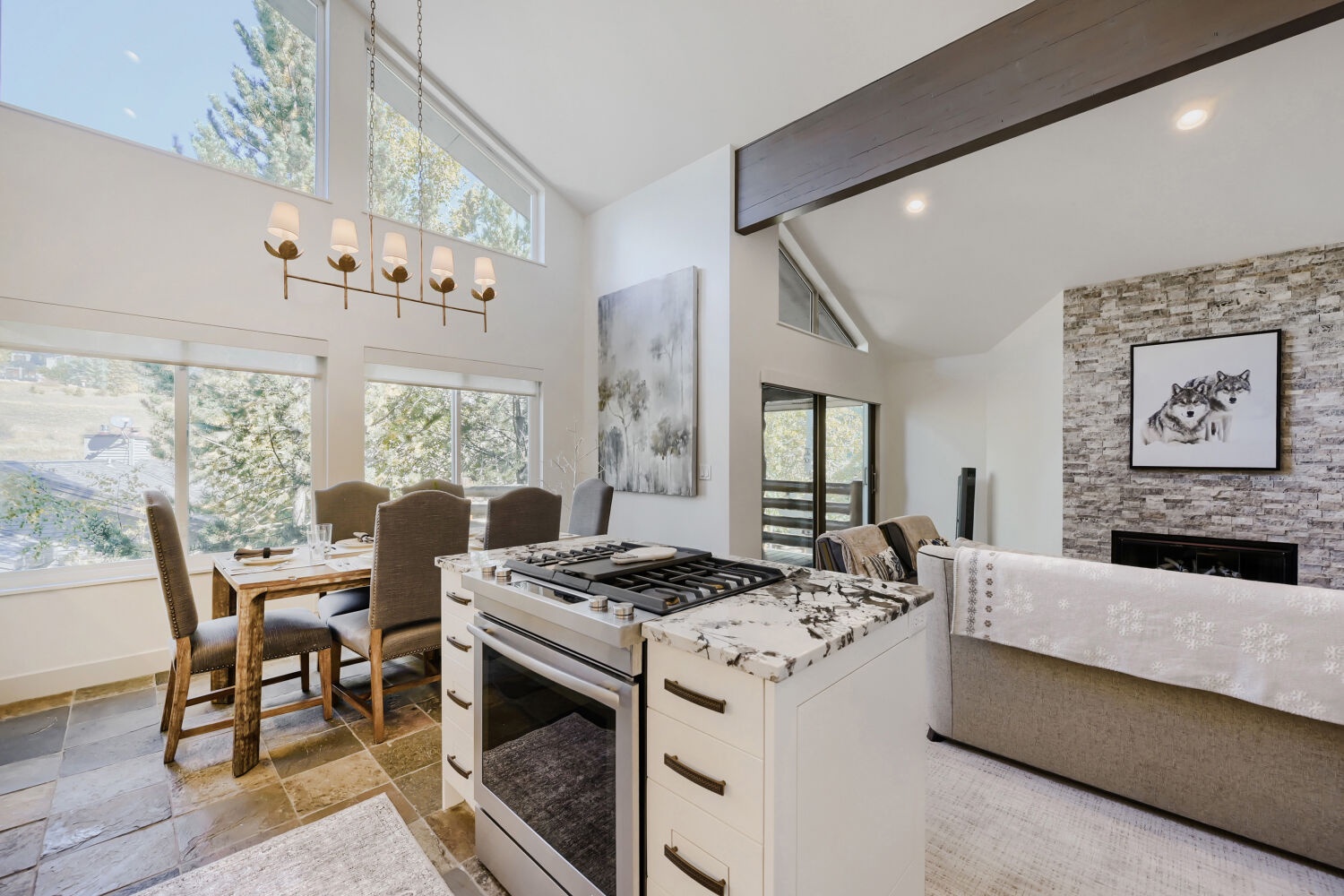 Full kitchen with large dinner room table
