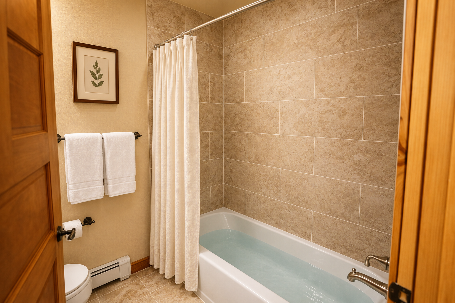 Step into your private bathroom with a deep soaking tub, elegant tiled surround, and plush towels waiting to refresh you after every adventure.