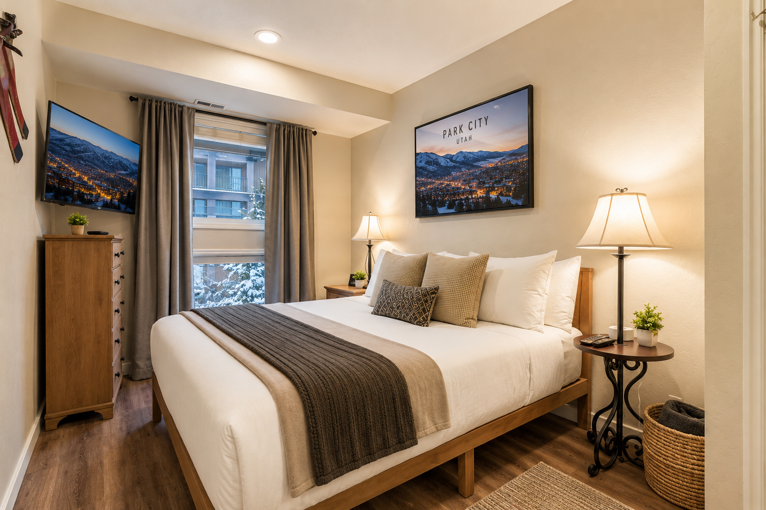 Sink into plush white linens after an adventure-filled day. Your peaceful retreat features mountain-inspired artwork, warm lighting, and cozy furnishings that welcome you home.