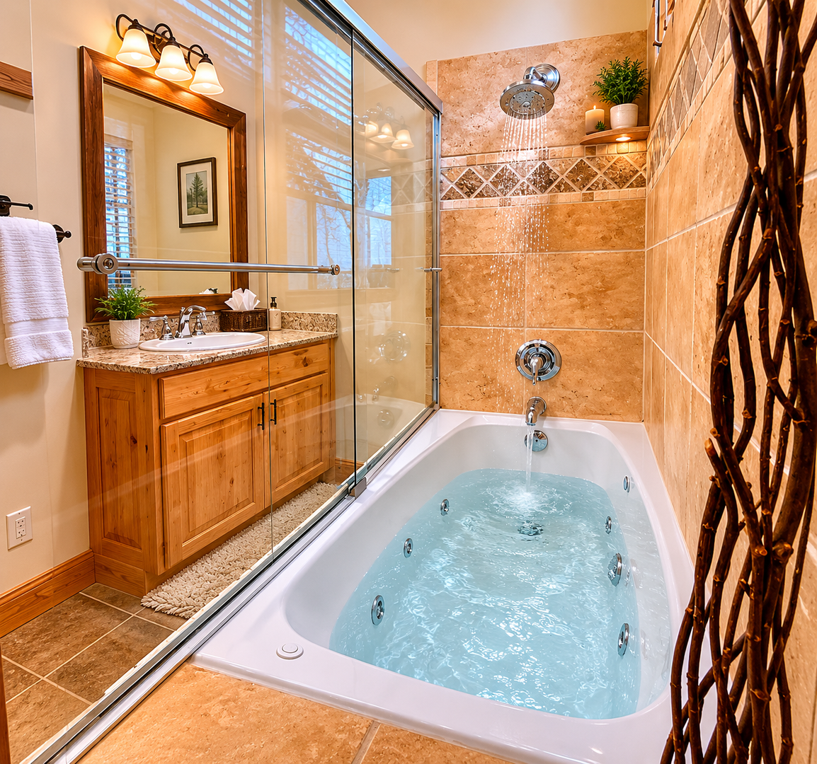 Sink into your private jetted tub after a long day, enjoying the soothing warm water and elegant natural stone surroundings designed for ultimate relaxation.