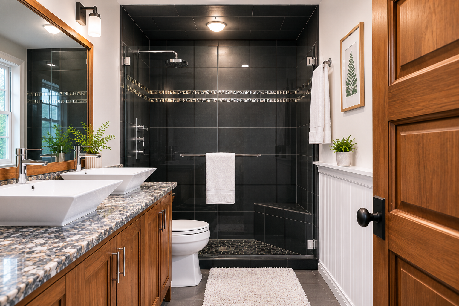 Your private bathroom features elegant dark tiling, a spacious walk-in shower, and beautiful granite countertops for your comfort.