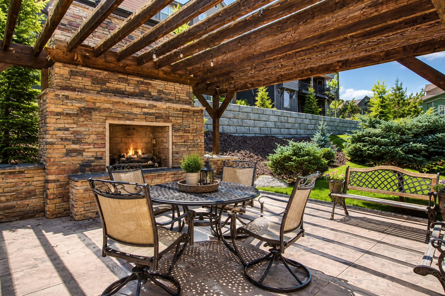Your private outdoor retreat features a covered patio with an outdoor fireplace, perfect for relaxing evenings under the stars. Gather around the dining table or unwind on the bench, surrounded by lush gardens and a peaceful, well-maintained lawn.