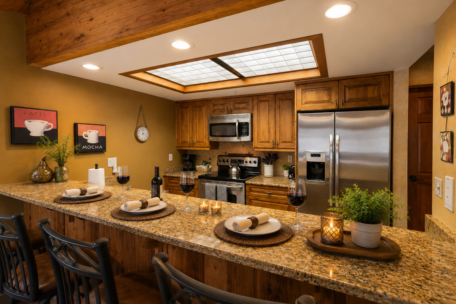 Cook with ease in your fully equipped kitchen featuring granite counters, stainless appliances, and charming exposed beams overhead.