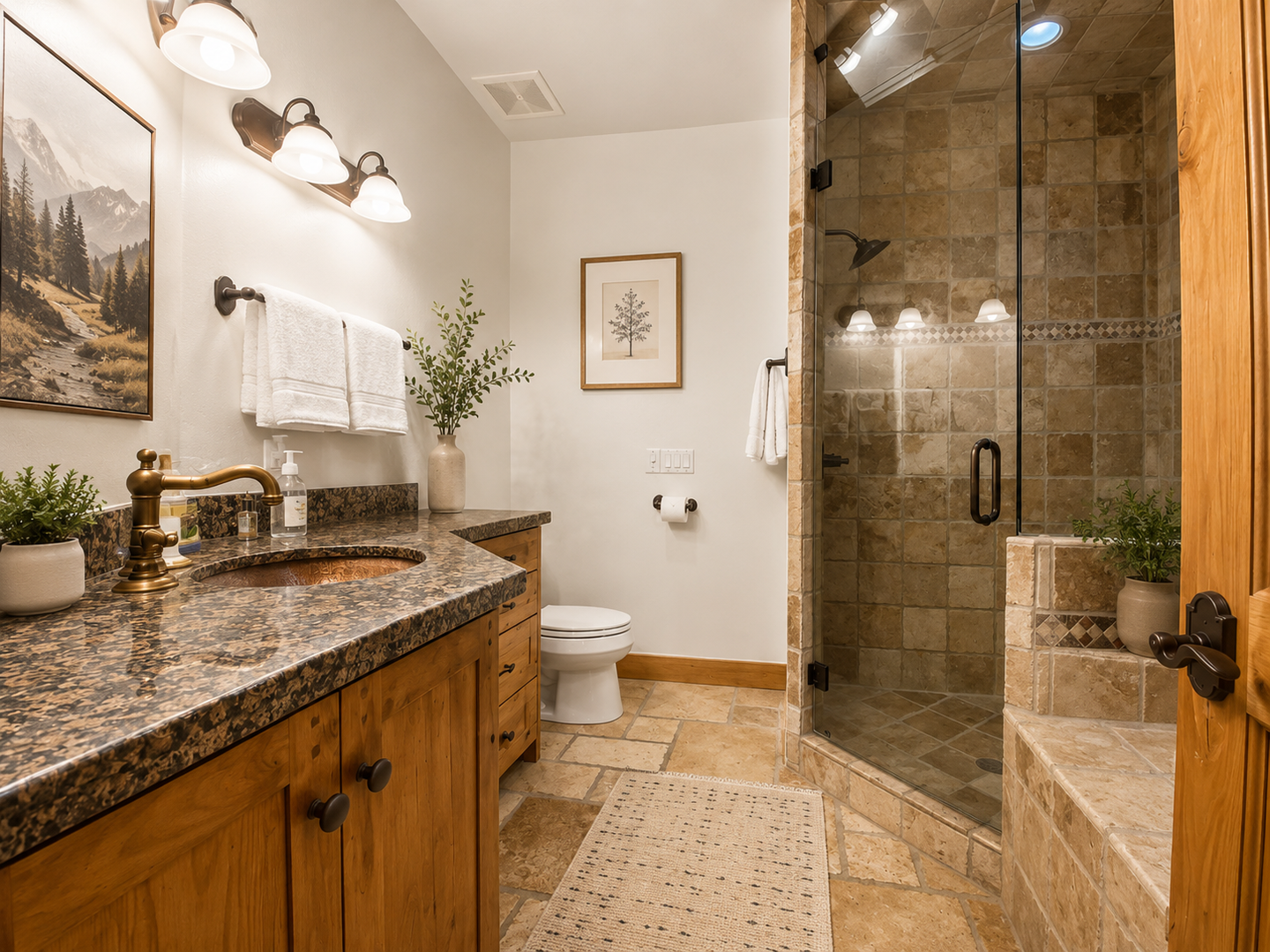 Your mountain-inspired bathroom awaits with granite countertops, elegant tile work, and a spacious walk-in shower. Fresh greenery and thoughtful decor create a warm, spa-like retreat.