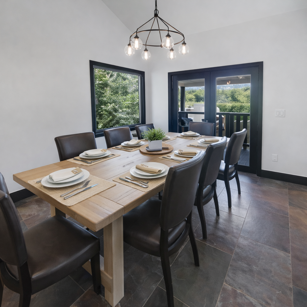 Spacious dining area with rustic table, ample seating, and balcony access. Perfect for group meals during your Park City getaway.