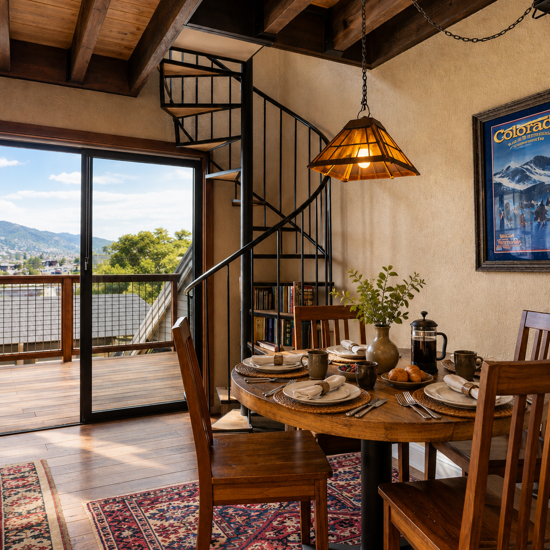Cozy dining area with a unique spiral staircase, balcony access, and scenic views. Perfect for your charming mountain retreat.