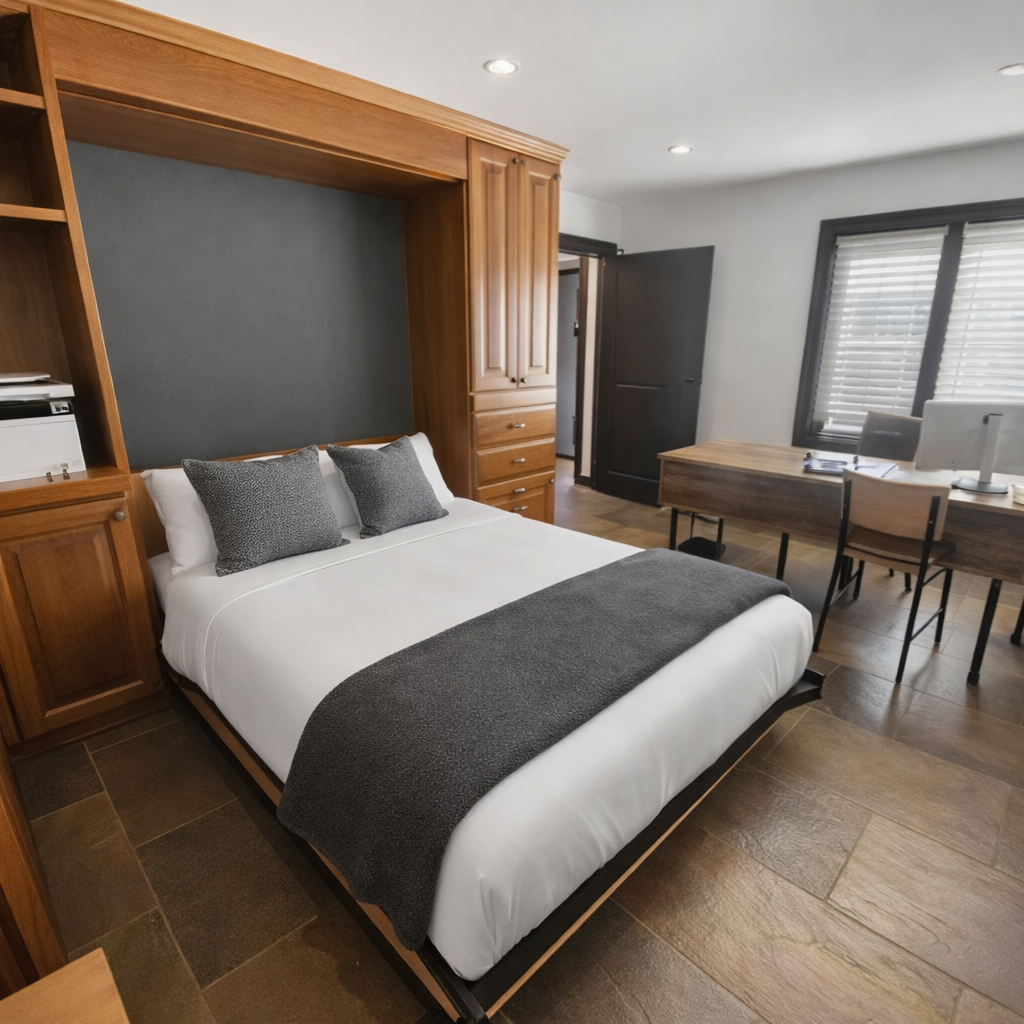 Your cozy bedroom features a comfortable Murphy bed with crisp linens and a dedicated workspace perfect for productivity.