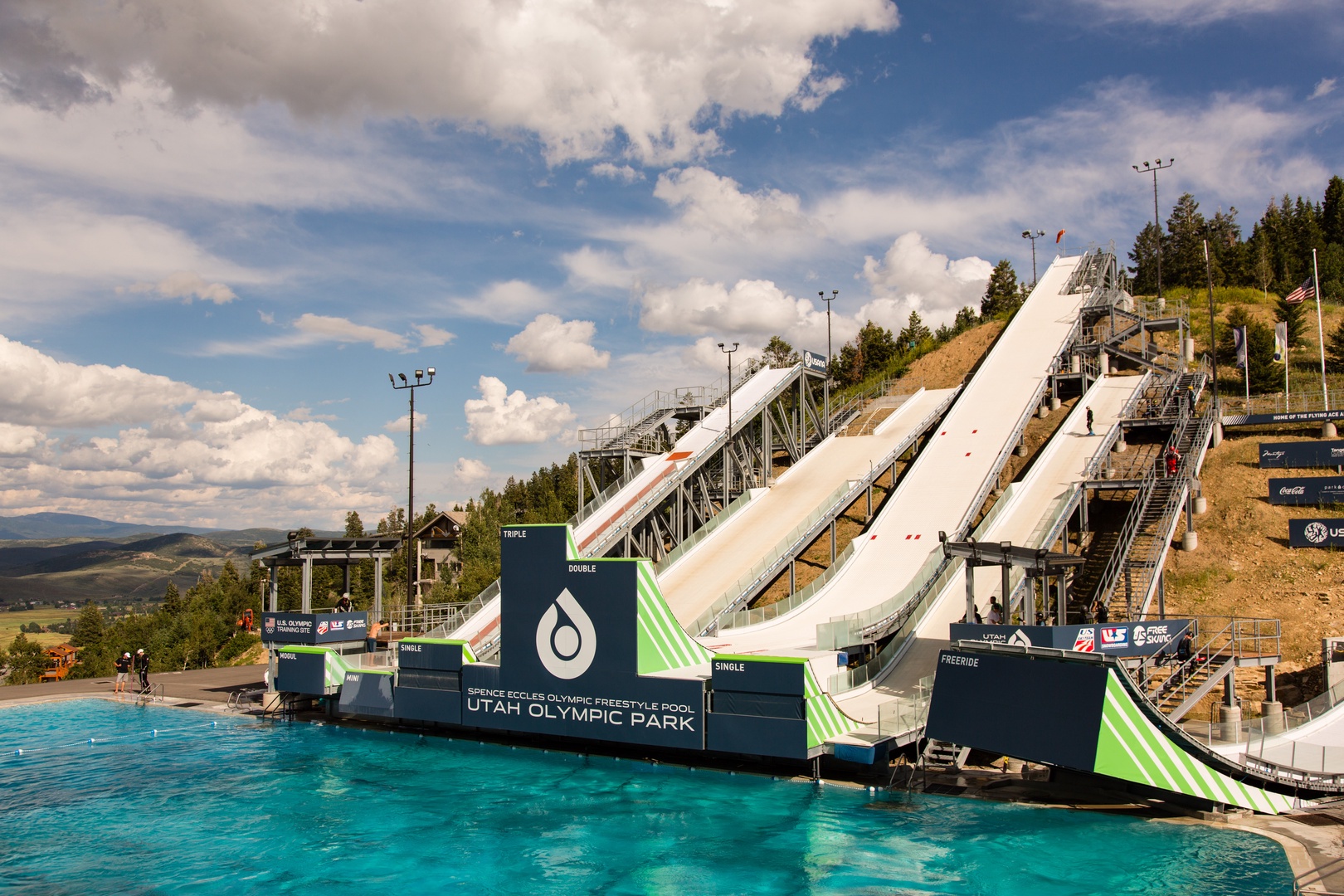 Utah Olympic Park features world-class ski jumps and aquatic training facilities surrounded by stunning mountain landscapes.