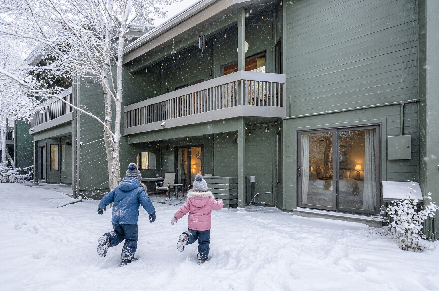 This winter-ready property features multi-level balconies and a snow-covered yard, perfect for creating magical family memories as kids play in the fresh powder.