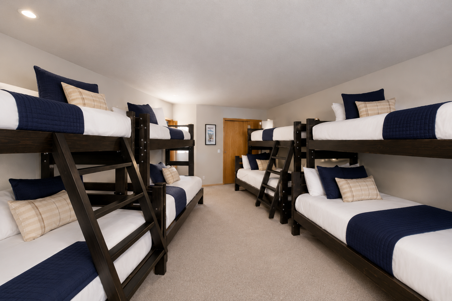 Modern, stylish bunk beds built for both kids and adults, providing cozy, versatile accommodation for any group.