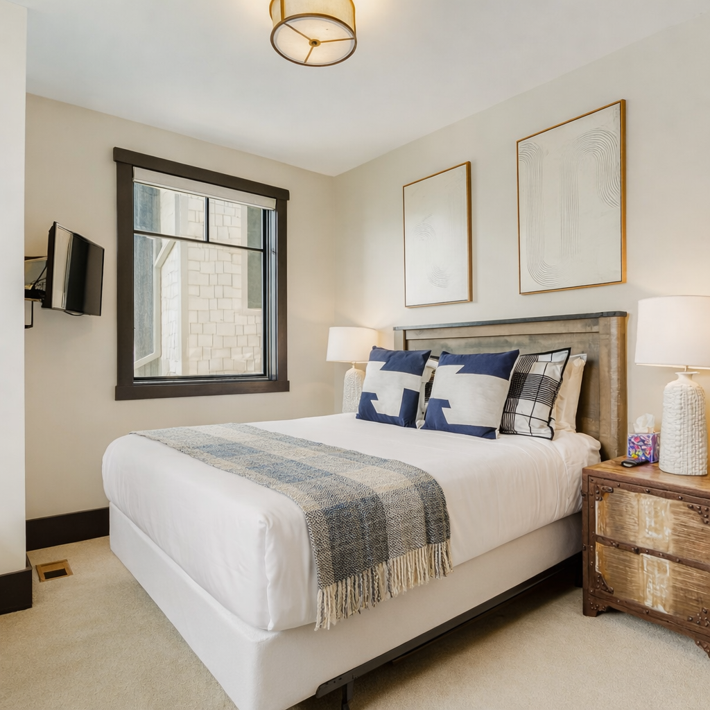 Drift off to sleep in your cozy bedroom with plush linens and calming decor designed for your perfect night's rest.