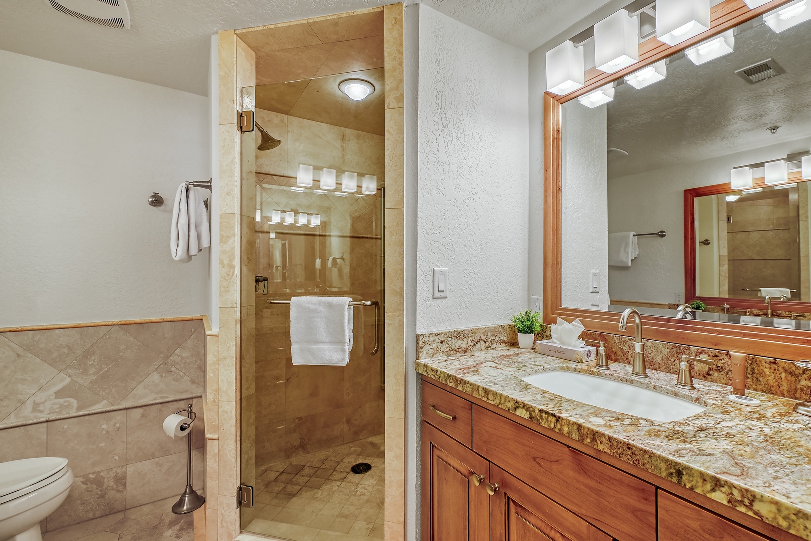 Unwind in your spacious bathroom with granite countertops, walk-in shower, and elegant lighting that creates the perfect retreat.