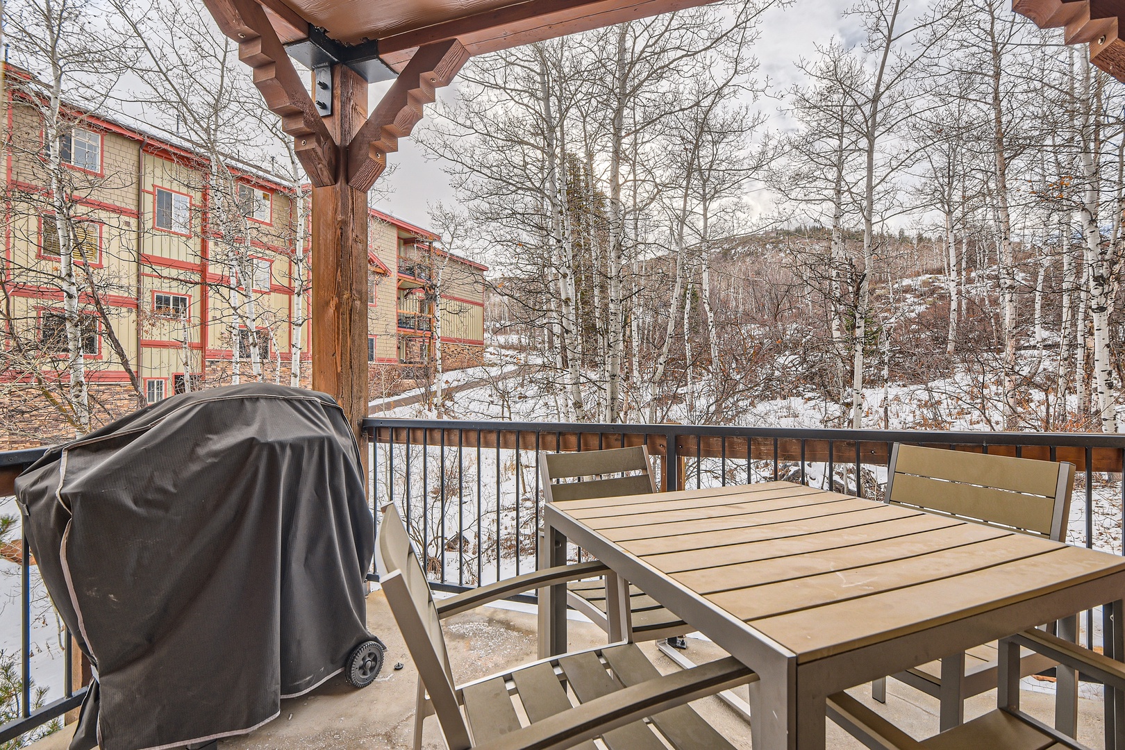 Step out onto your private balcony and breathe in the crisp mountain air surrounded by snow-dusted aspens and hillside views—a serene retreat where winter's quiet beauty is just outside your door.
