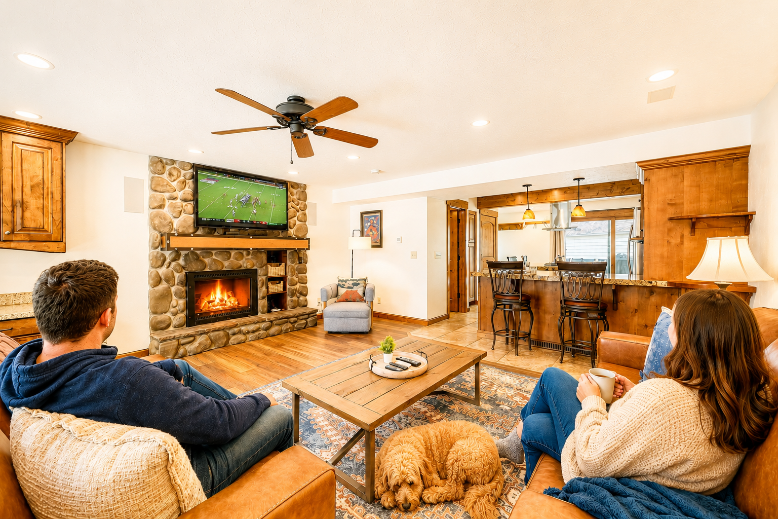 Cozy up in your warm living room by the glowing stone fireplace, enjoy the game on the big screen, and relax with your furry companion at your feet.