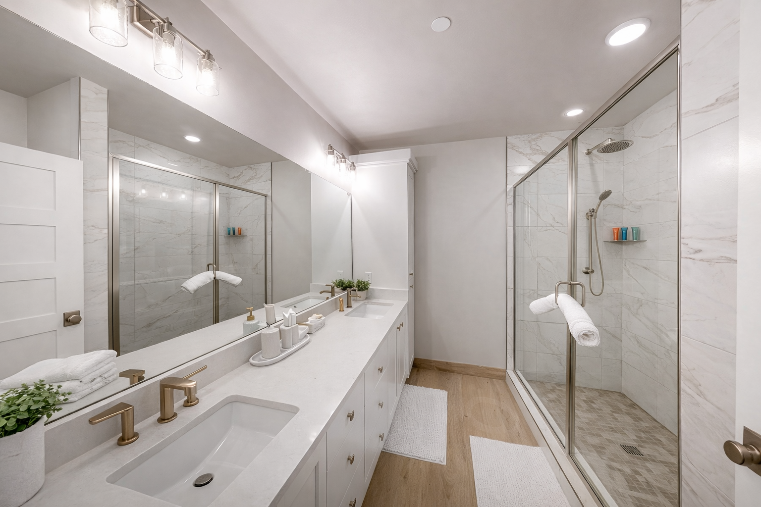 Unwind in this modern spa-like bathroom featuring dual vanities, bright lighting, and a sleek walk-in glass shower