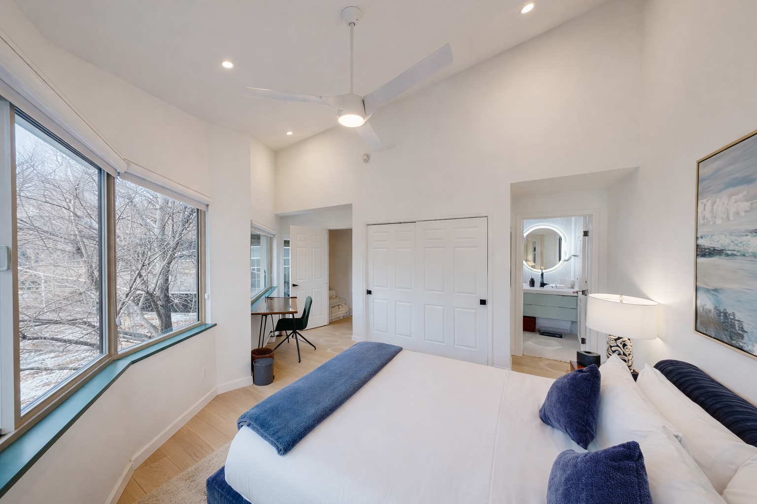 Unwind in our stylish, primary queen suite offering a comfortable bed, thoughtful amenities, and a tranquil ambiance for an ideal getaway.