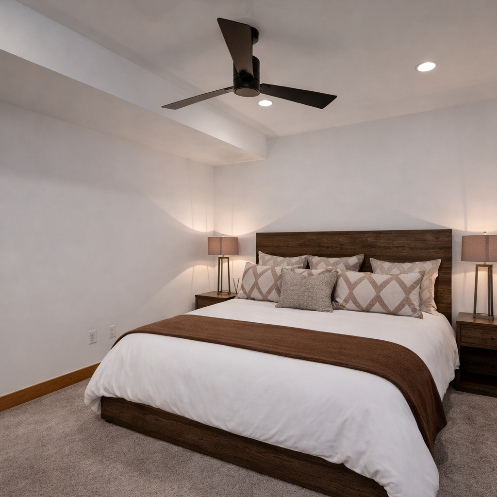 Sink into your plush bed with soft linens and warm accent lighting creating the perfect sanctuary for restful nights.