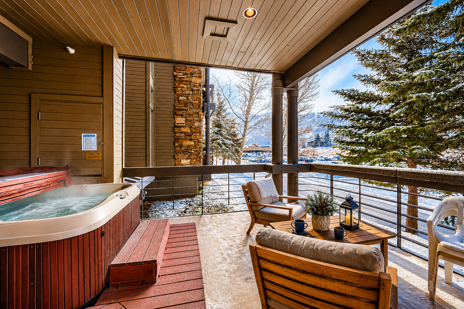 Soak in your private hot tub on the covered terrace, framed by mountain views and crisp alpine air—your perfect retreat after a day exploring.